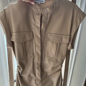 En Saison Faux Leather Beige Button-Up Dress